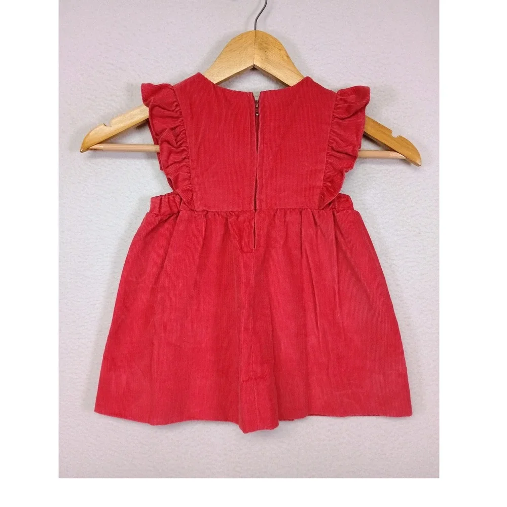 Cottagecore Fischel by Johnston Toddler 3T Red Corduroy Ruffle‎ Pinafore Dress